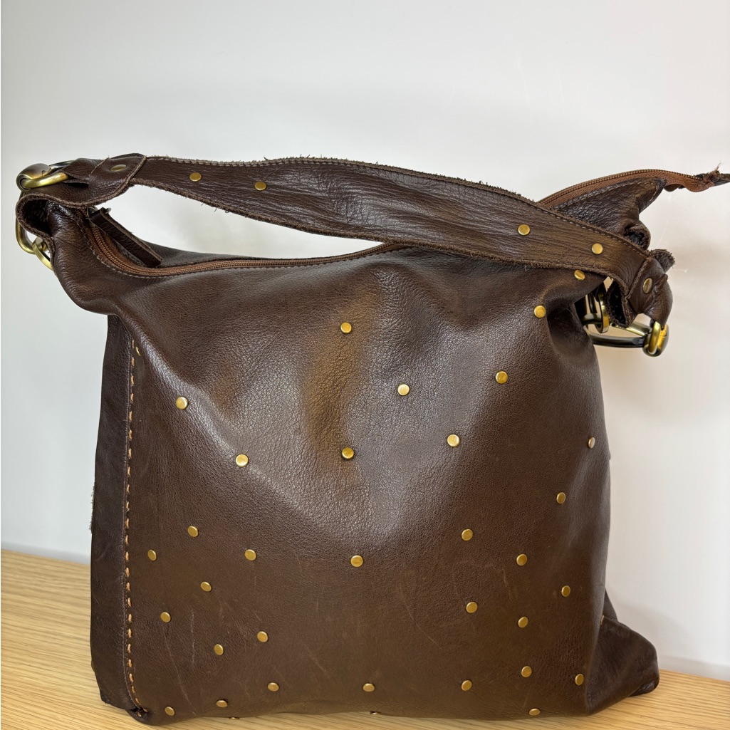 Per Se Brown Studded Leather Shoulder Bag W/Tassel Pull Side Zip Pockets